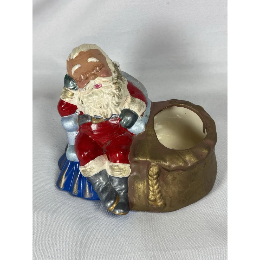 VINTAGE HANDPAINTED CERAMIC MOLD SLEEPING NAPPING SANTA PLANTER 6.5x4.5”